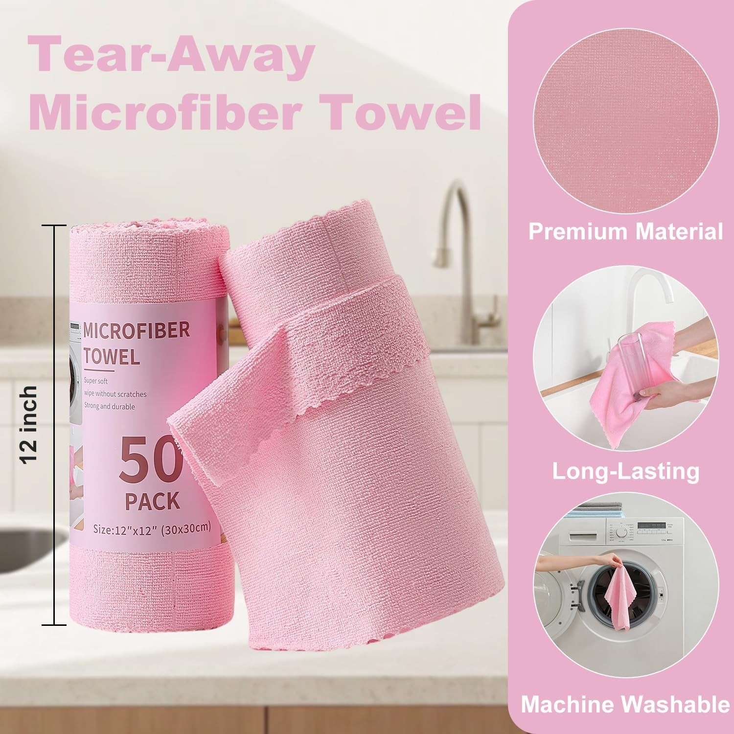 2 Roll Reusable Paper Towels, 100 Sheets Tear Away Microfiber Cloths, Lint Free