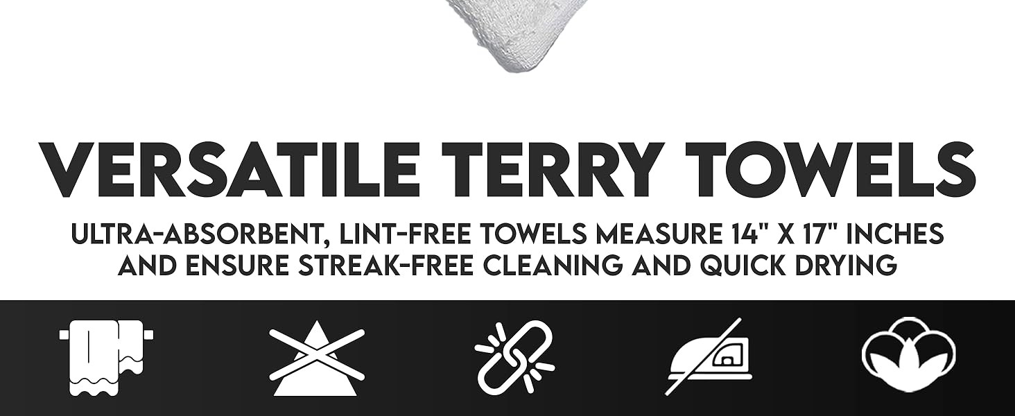 Terry Bar Mop Towels – 60 Pack (14″x17″) White Cotton Terry Cloths, Super