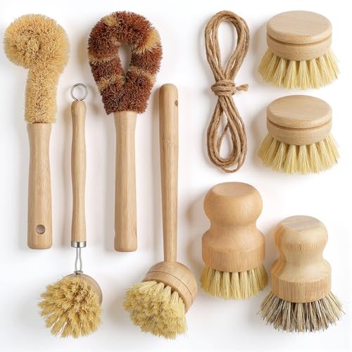 9 Pcs Bamboo Dish Brush Set Wooden with Sisal and Palm Fiber