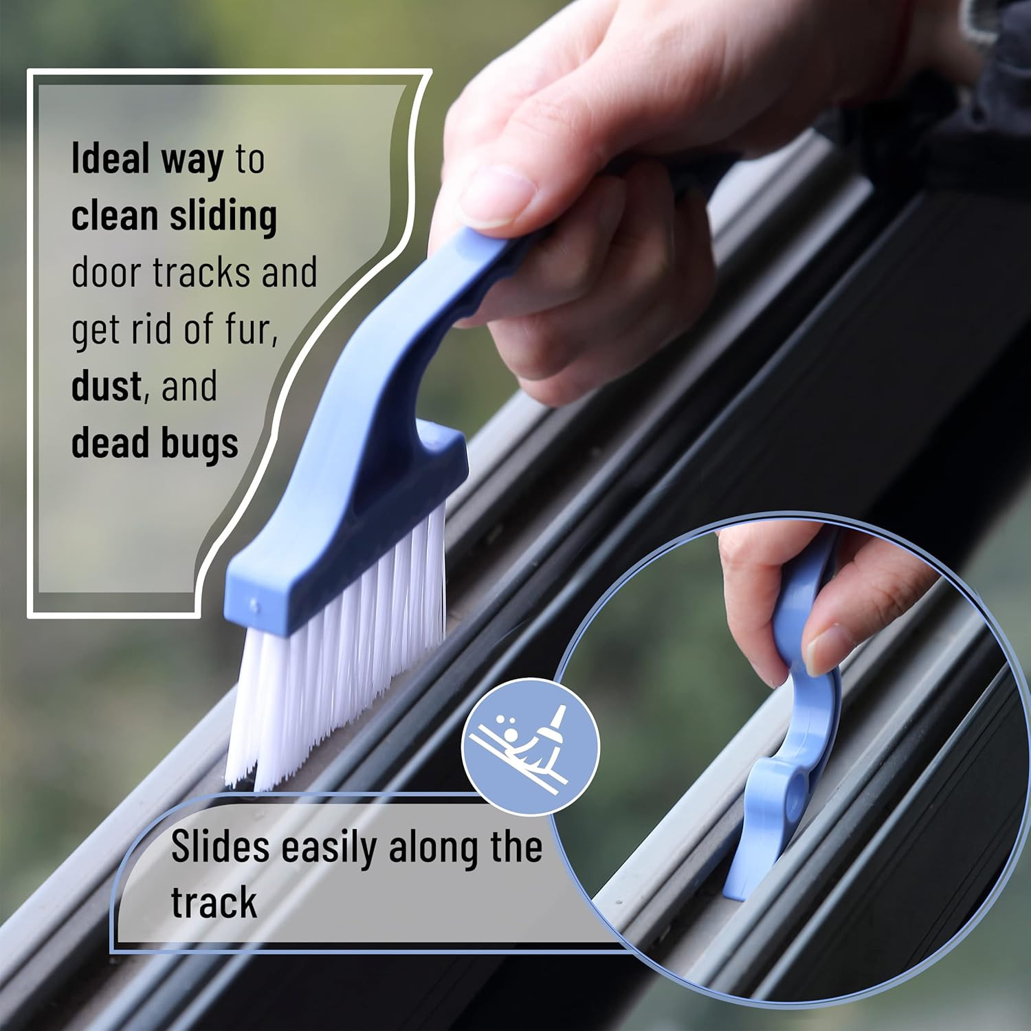 Slick- Window Track Cleaning Brush, 2 Pack, Blue Ergonomic Handle | Built-In Scr