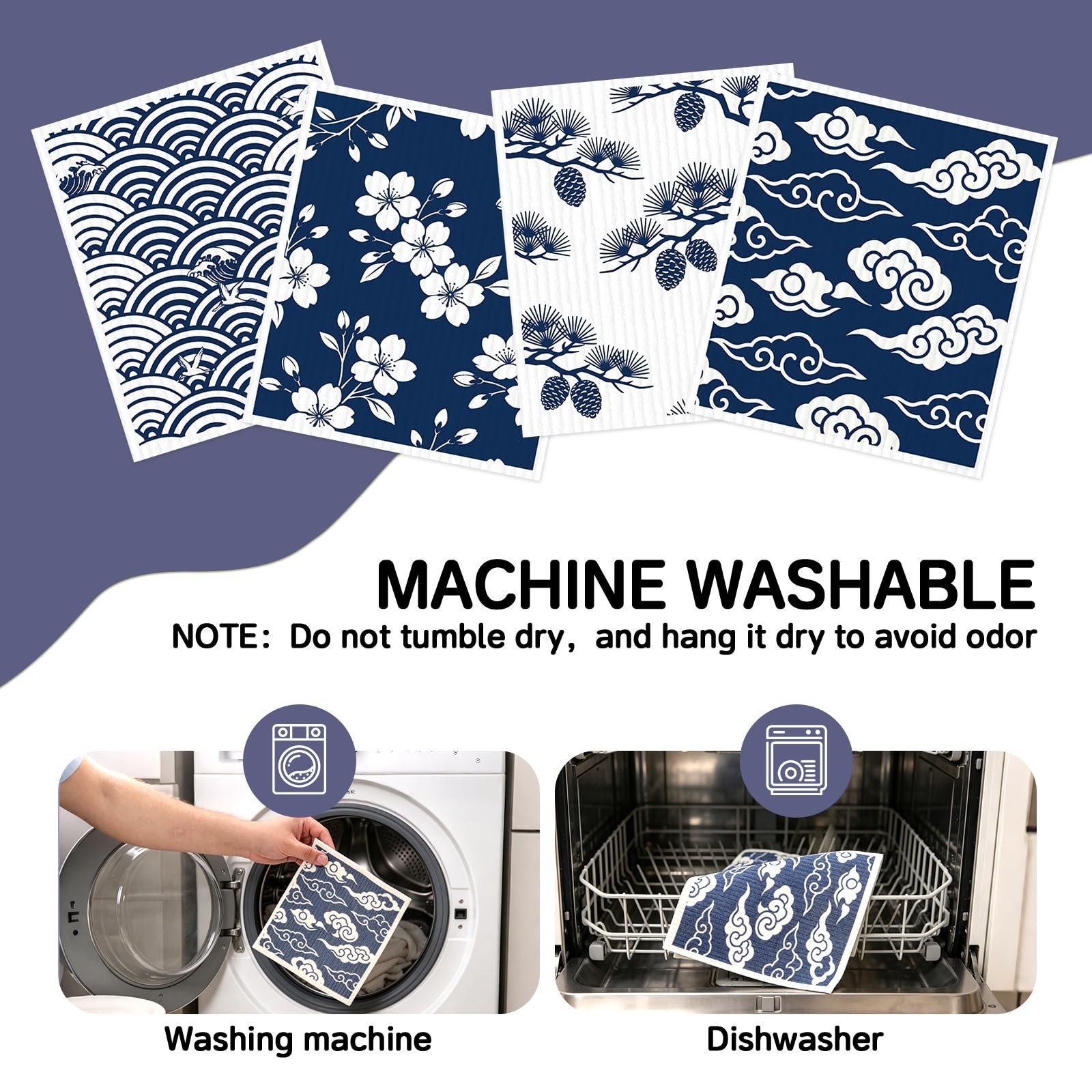 Swedish Dishcloths for Kitchen – 4 Pack Japanese Pattern Reusable Paper Towels,