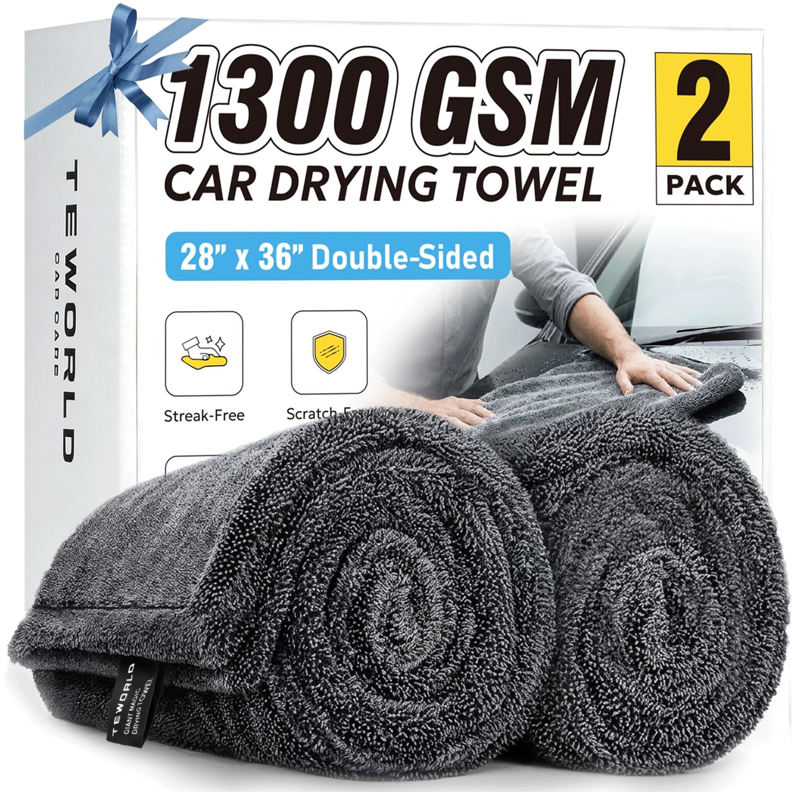 2-Pack Car Drying Towels, 1300 GSM Microfiber Towels for Cars, 36″ x 28″ XL