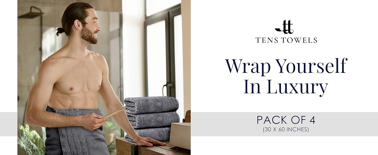 Pack of 4 Extra Large Bath Towels 30 x 60 Inches, 100% Cotton, Larger & Lighter