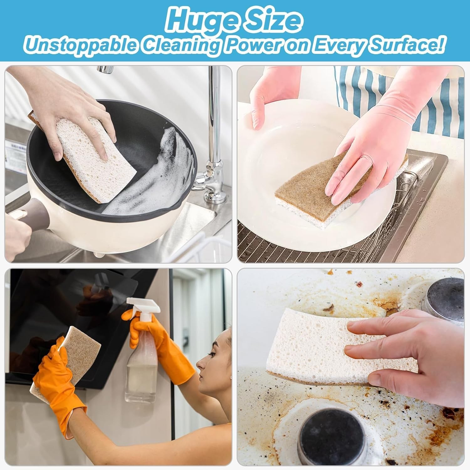 XL Non-Scratch Scrub Sponges – 6 Count Eco-Friendly Cellulose Kitchen Cleaning