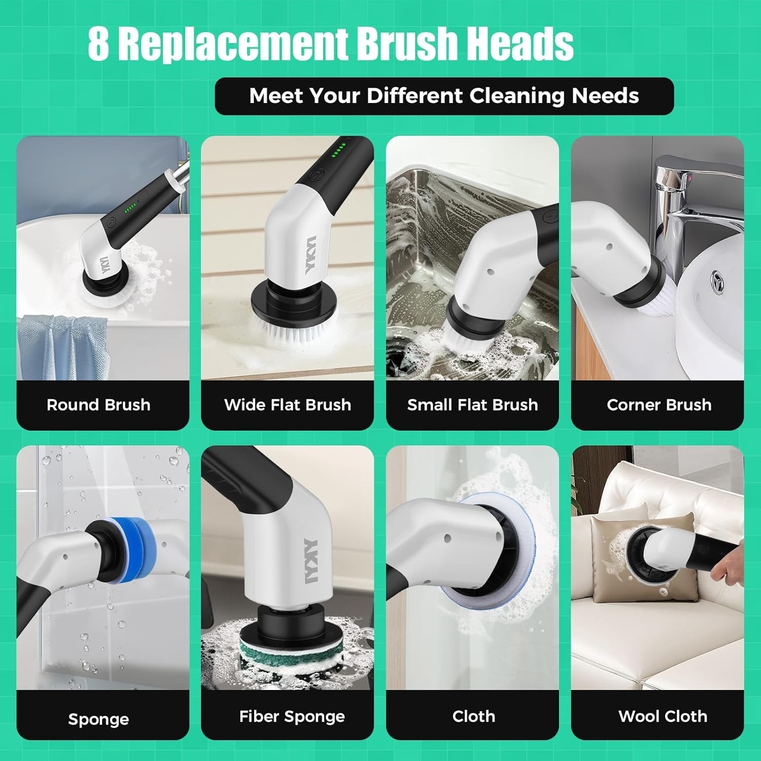 YKYI Cordless Electric Spin Scrubber 8-in-1 Rechargeable Extendable Brush Kit