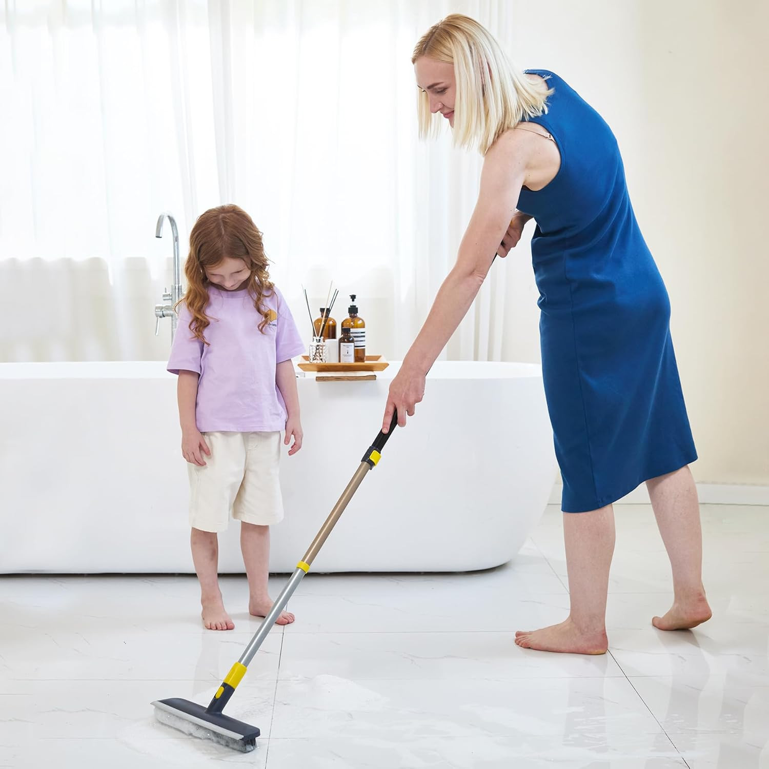 Floor Scrub Brush Telescopic Handle 2 in 1 Scrape Brush 55.9 inch | Stiff Bristl
