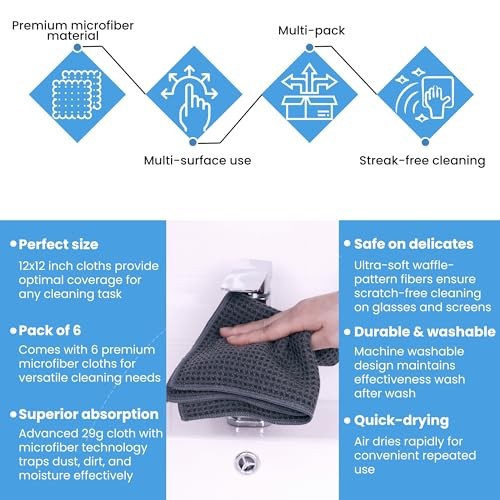 Microfiber Towels for Cars 12 x 12 inches Microfiber Towel, 6 Pack Waffle Weave
