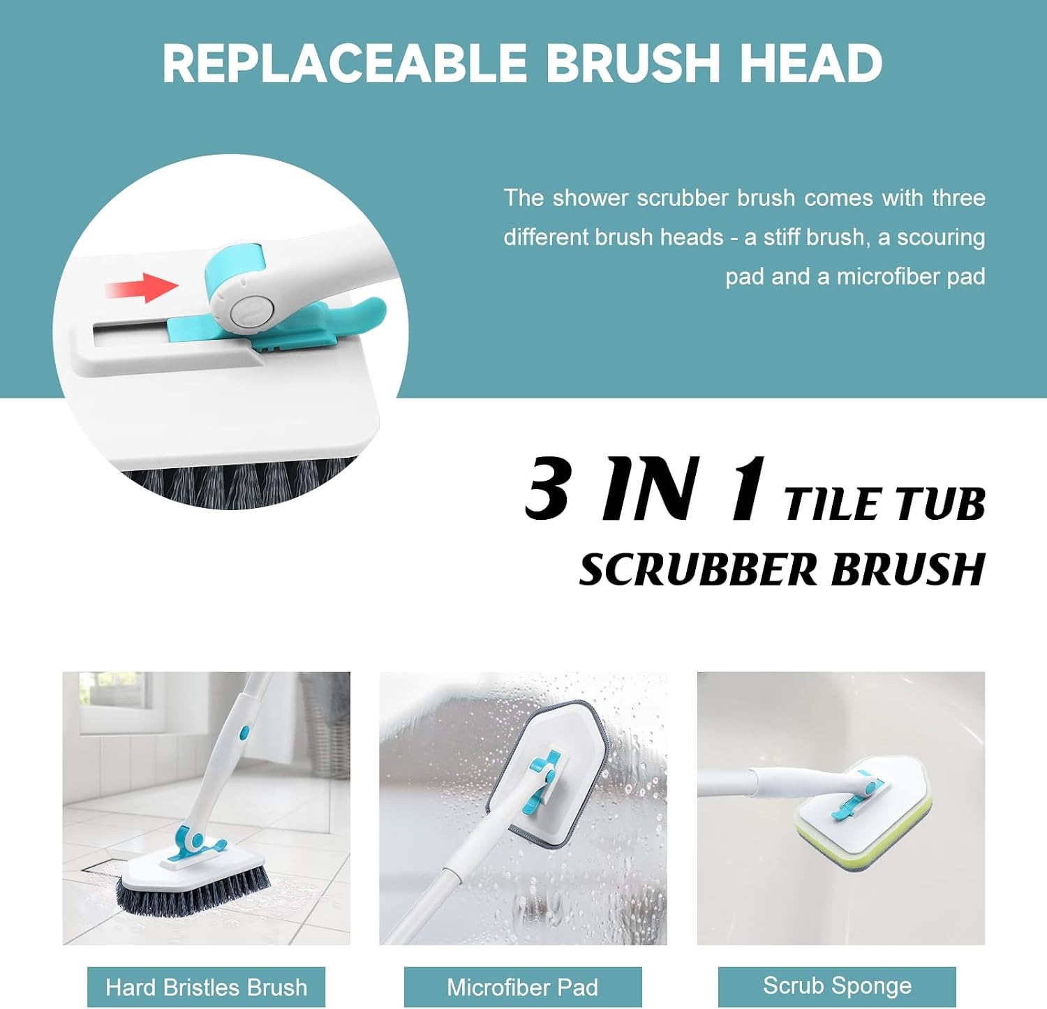Scrubber with Long Handle, 3 in 1 Tile Tub Scrubber Brush with 3 Detachable