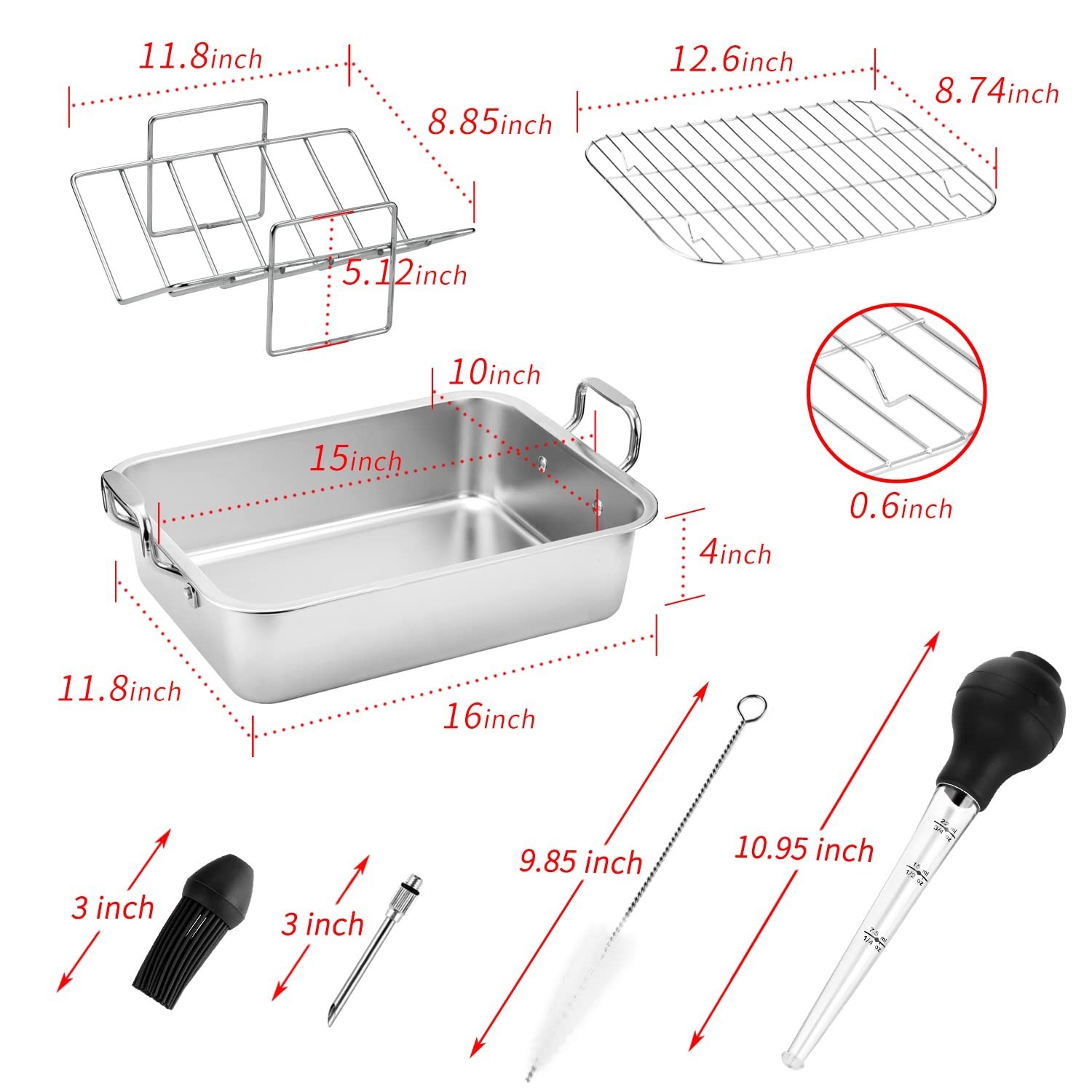 15 Inch Stainless Steel Roasting Pan with V-Shaped Rack and Turkey Baster – R…
