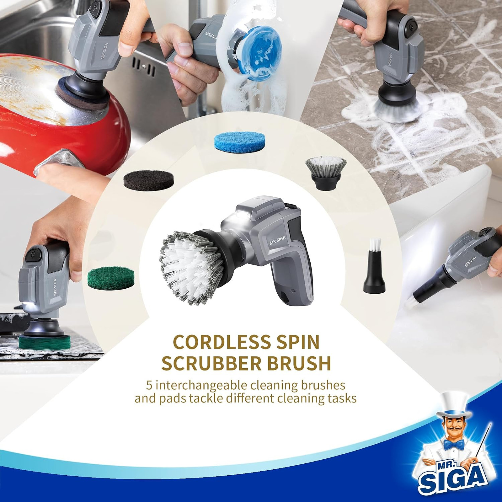 Electric Spin Scrubber Waterproof Cordless Cleaning Brush with 5 Replaceable