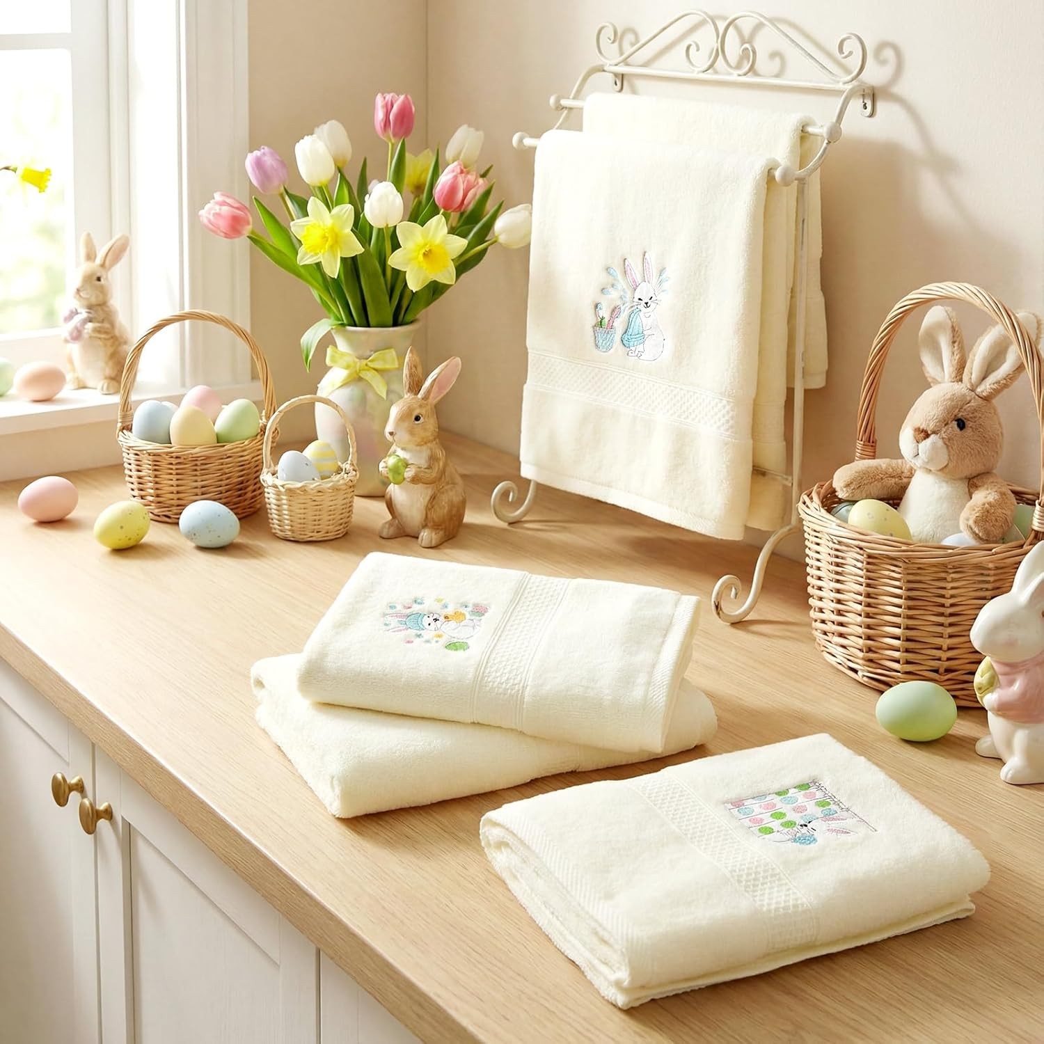 Set of 4 Easter Bunny Bath Towel, 27×54 Inch Cotton Easter Towels, Absorbent