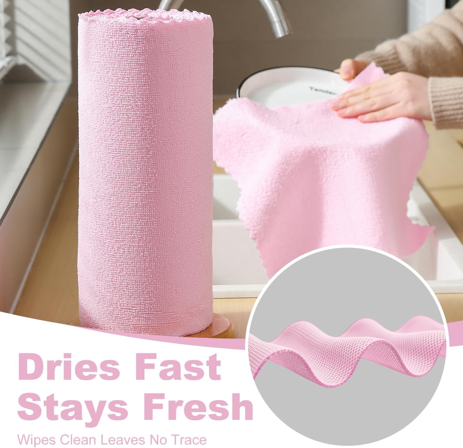 2 Roll Reusable Paper Towels, 100 Sheets Tear Away Microfiber Cloths, Lint Free