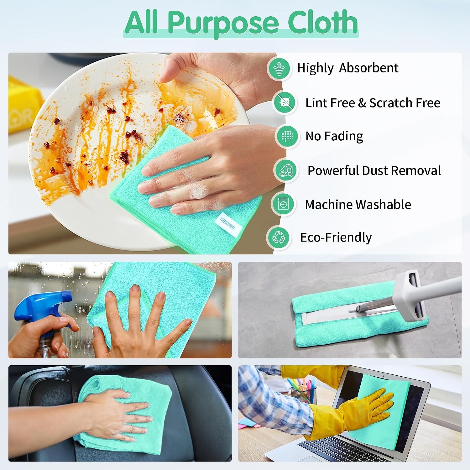 Turquoise Microfiber Cleaning Cloth -Pack of 8, Highly Absorbent Cleaning Rag…