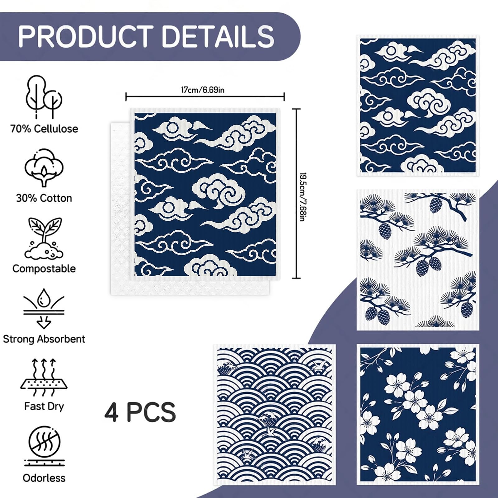 Swedish Dishcloths for Kitchen – 4 Pack Japanese Pattern Reusable Paper Towels,