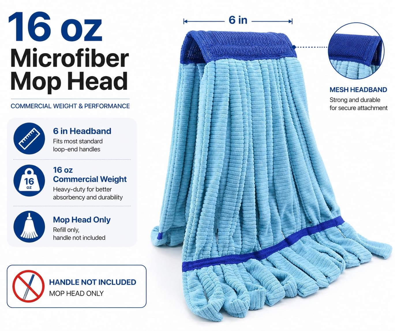 Microfiber Tube Mop Head16 Oz. 6 Inch Headband Loop End Commercial String Mop