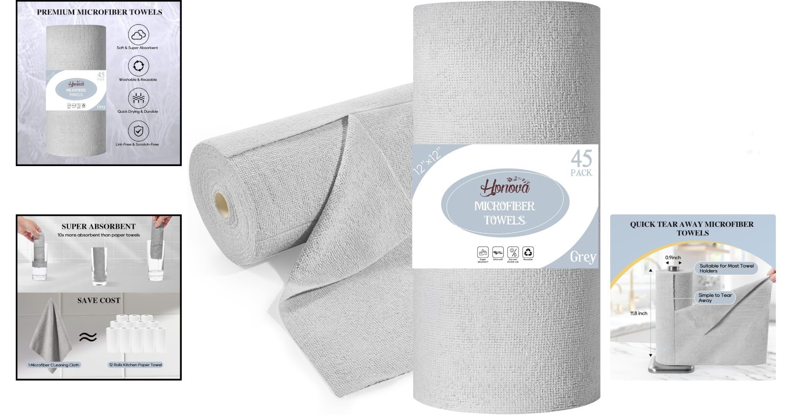 Microfiber Cleaning Cloth Roll 45 Pack, 12 x12″ Washable Paper Towels, Tear Away
