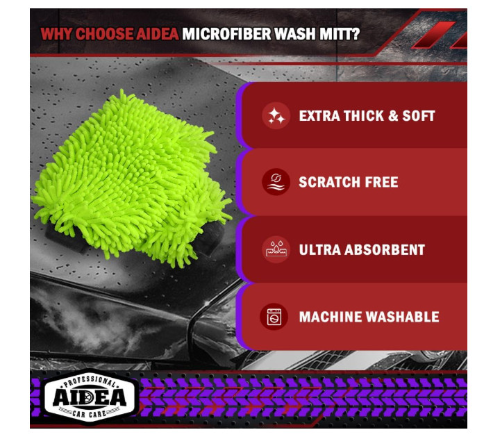 Car Wash Mitt, 2PK Chenille Microfiber Wash Mitt, Scratch-Free & Lint-Free, Rich
