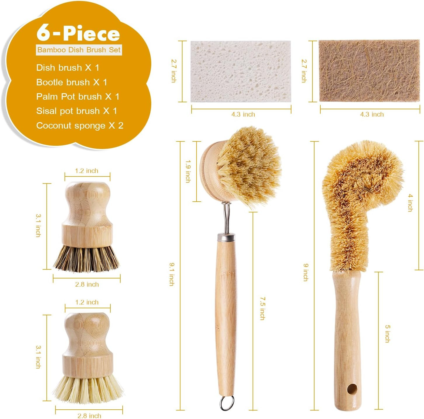 6 Piece Bamboo Dish Brush Set with Coconut Sponge – Wooden Dish Brush with Sisal