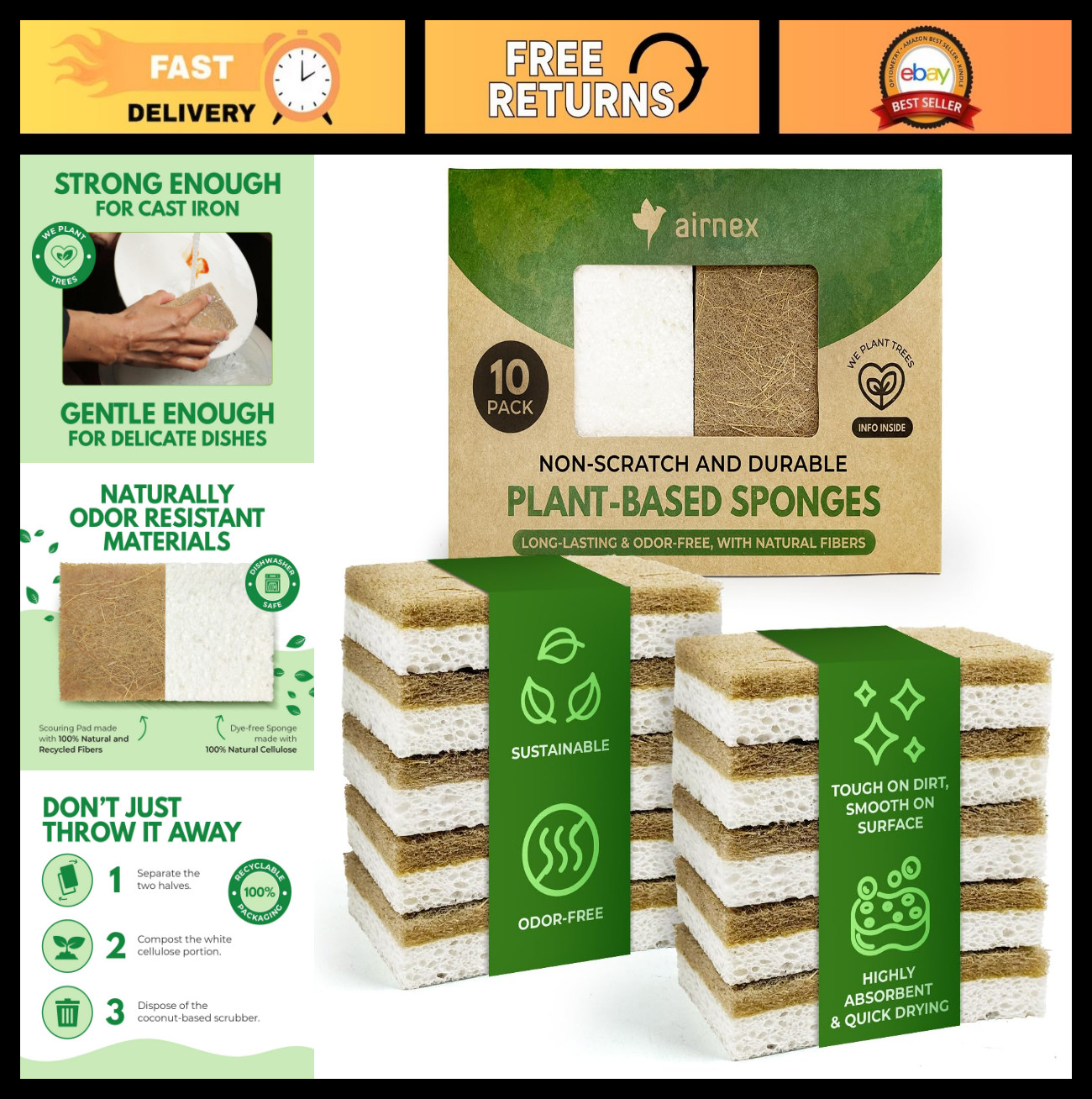 10 Pack Eco-Friendly Biodegradable Kitchen Sponges – Compostable Cellulose & Coc