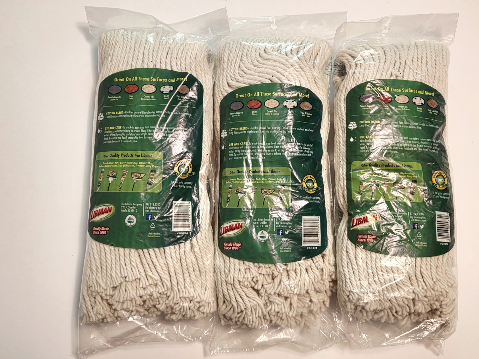 Libman All-Purpose Cotton Blend Wet Mop Refills Twisted Yarn #00974 Lot of 3 NEW