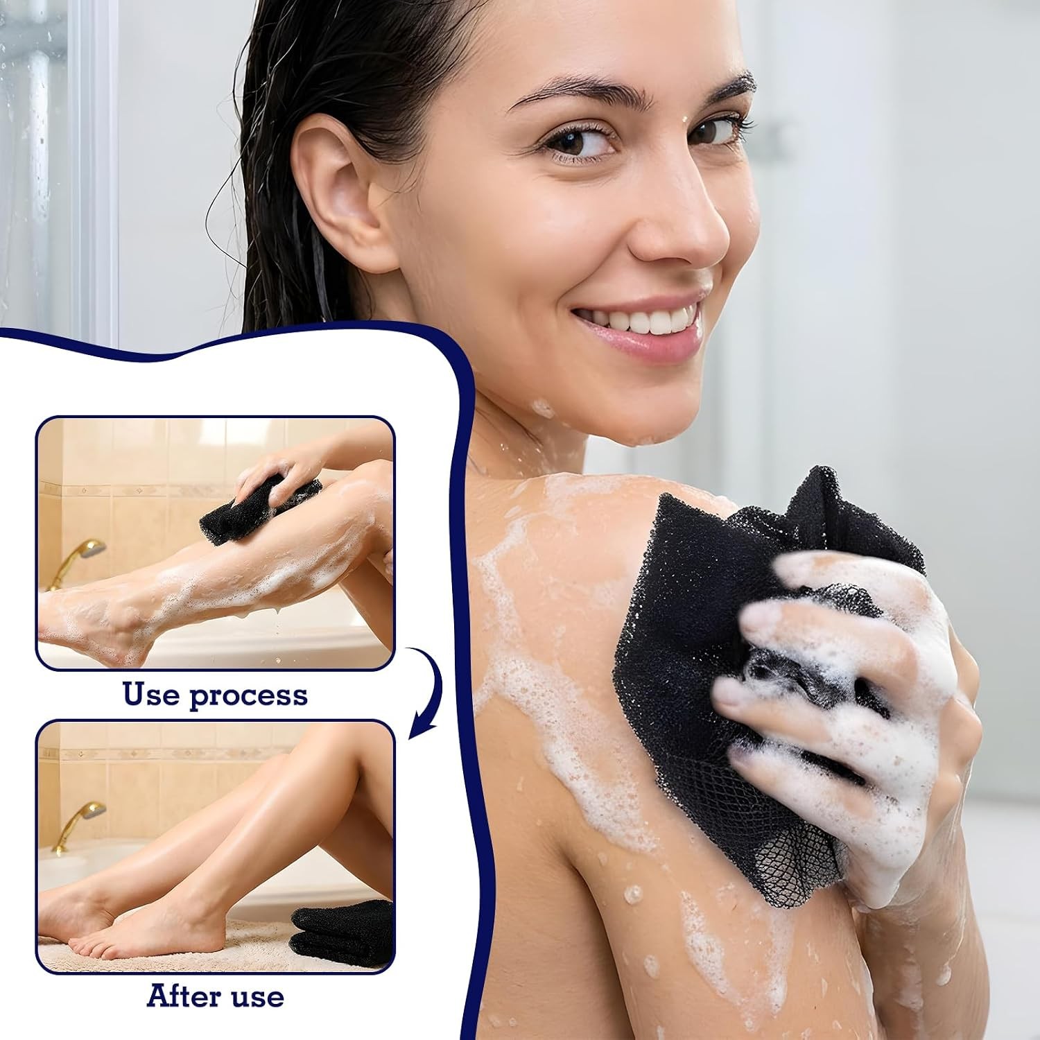 African Net Sponge, 2 Pack Black Exfoliating Washcloth, Elastic Long Net Rag