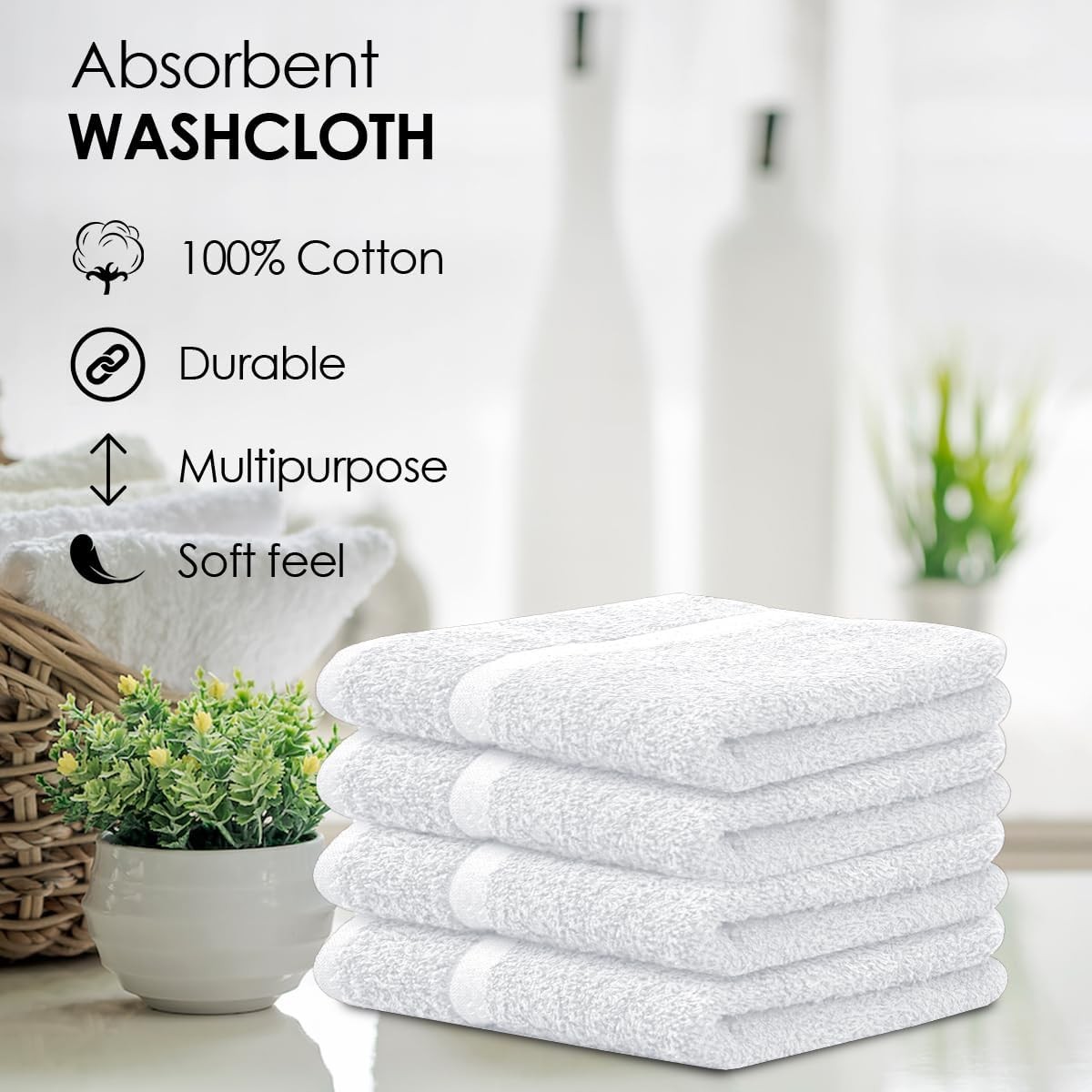 Cotton Washcloths – (Pack of 60) Size 12×12 Inches, 100% Ring Spun Cotton, Soft