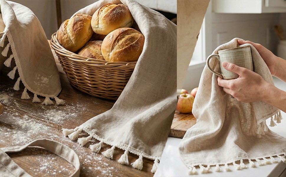 100% Linen Hand Towels 2 Pcs, 18×27 Inch Boho Decorative Kitchen Towels with