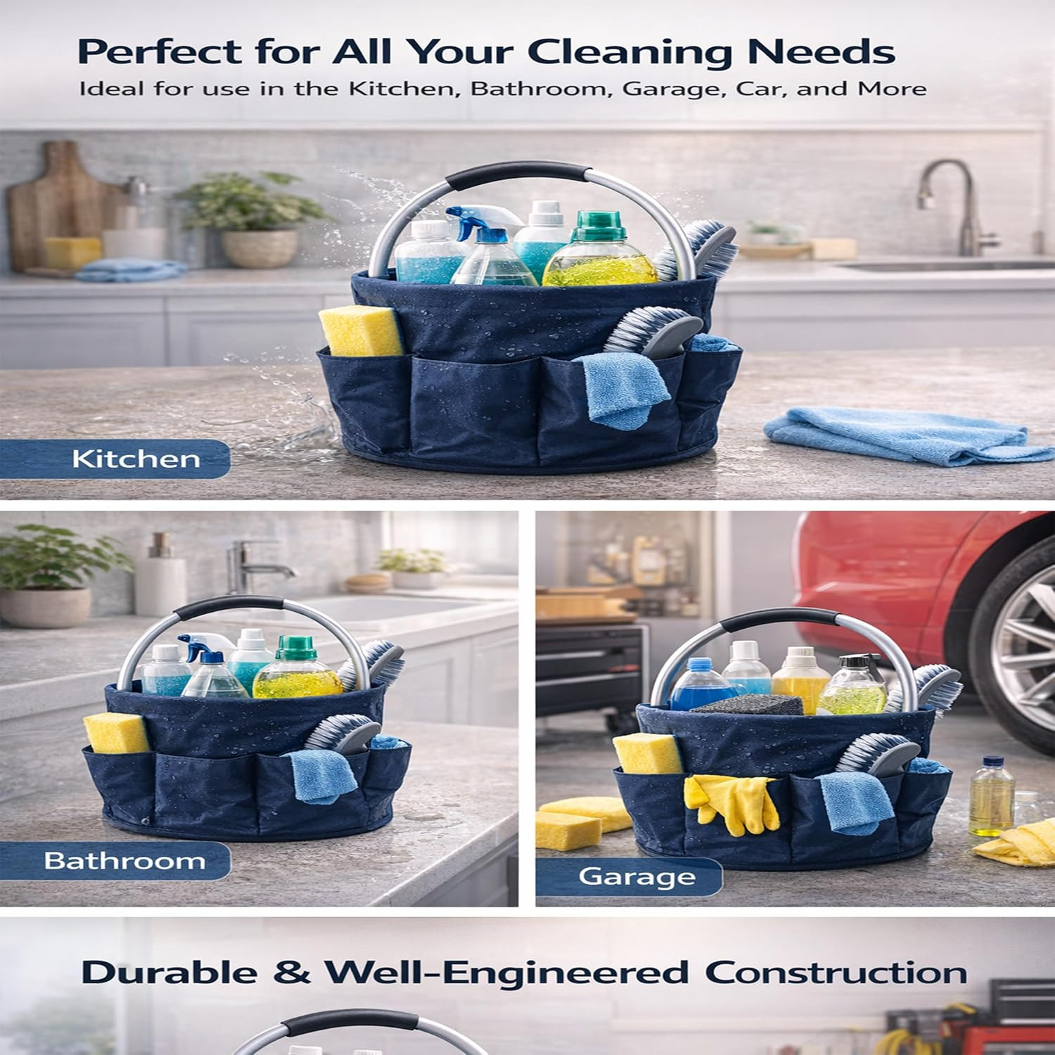 Cleaning Caddy with Handle, Foldable 17L Cleaning Supplies Basket with 6 Pockets