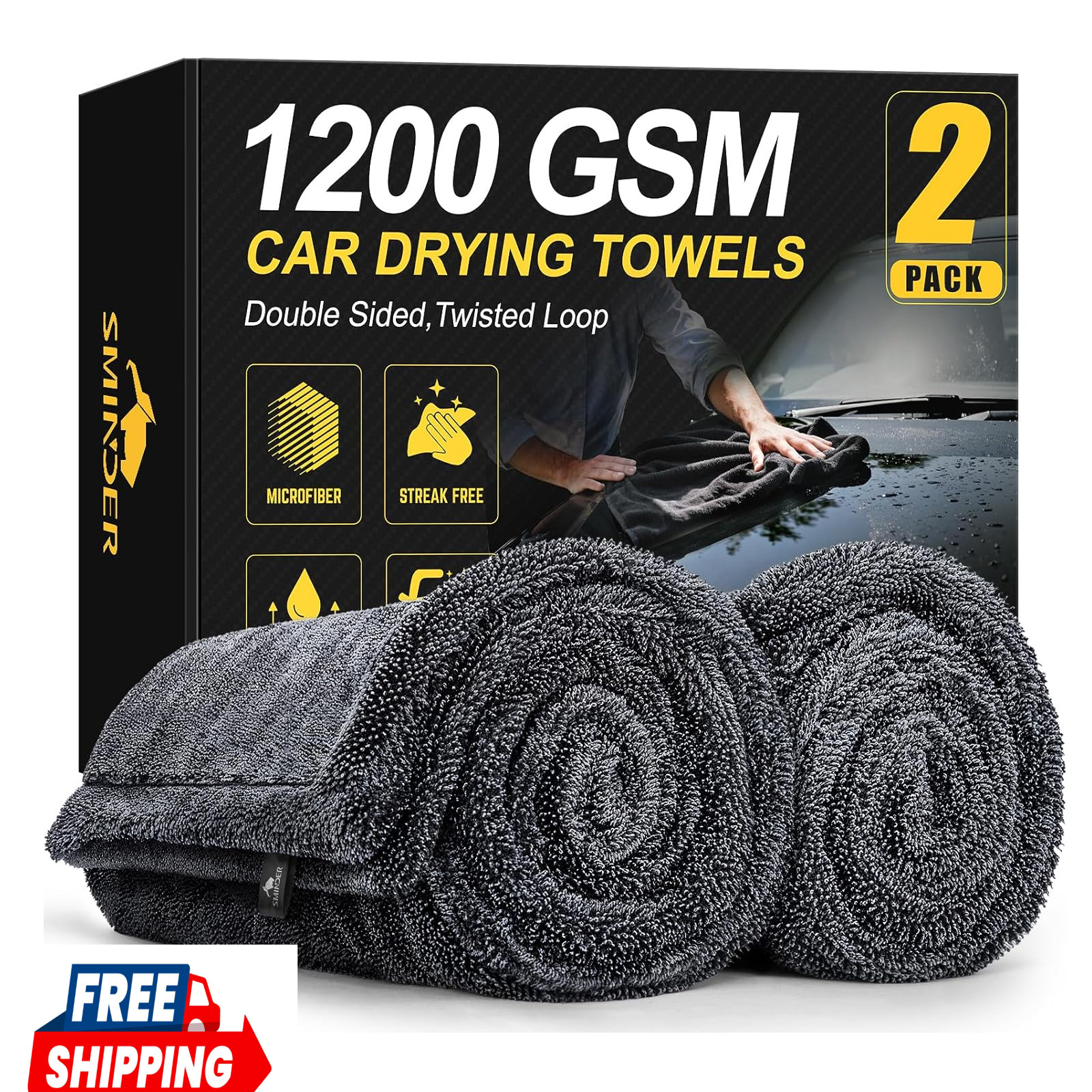 SMINDER 2-Pack 1200 GSM Car Drying Towels – Microfiber Towels for Cars (36″ x