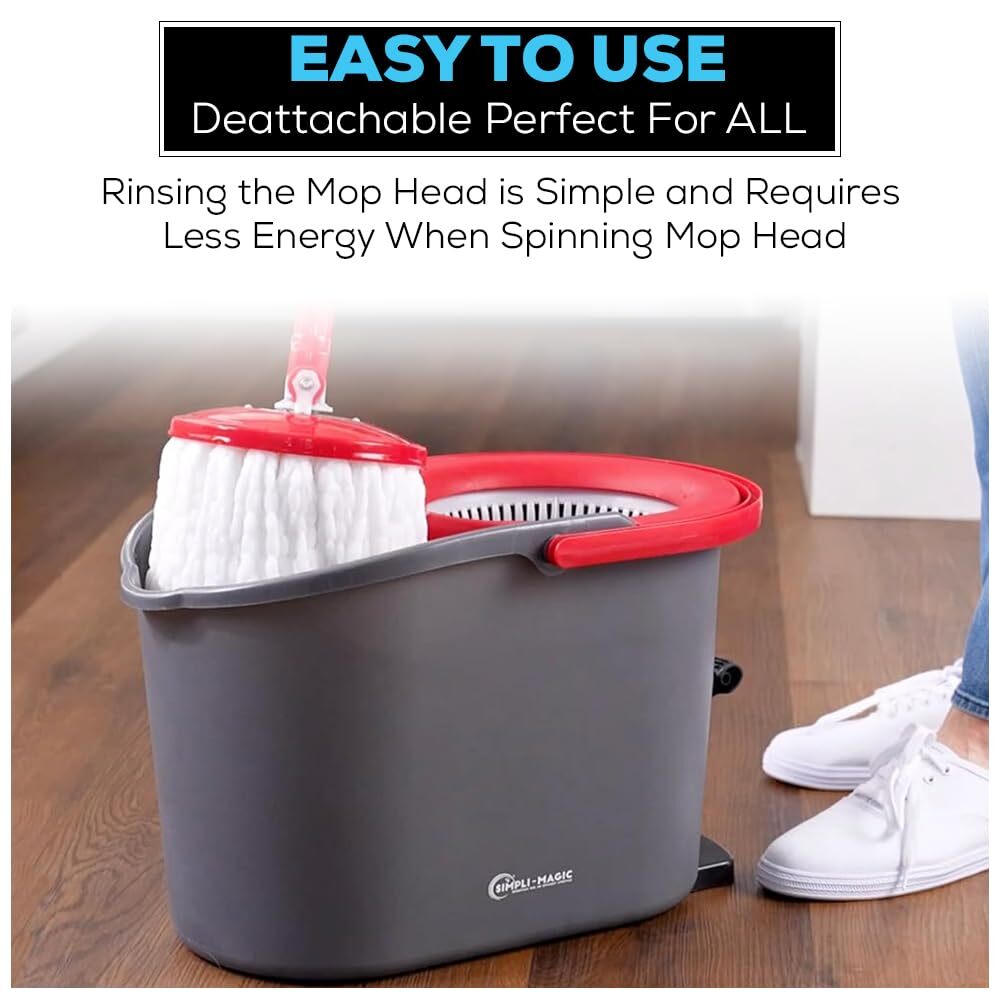 SIMPLI-MAGIC 79349 Spin Mop Cleaning System with 3 Microfiber Mop Heads, Red/GRA