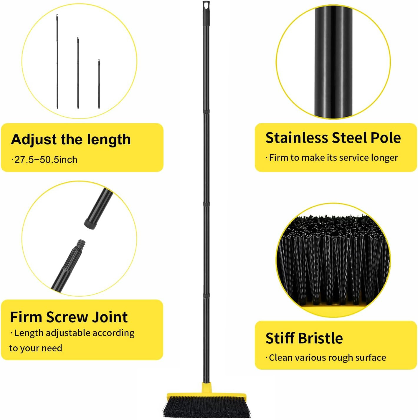 Push Broom Outdoor Indoor Broom 12″ Wide,50″ Long Handle with Stiff Bristles for