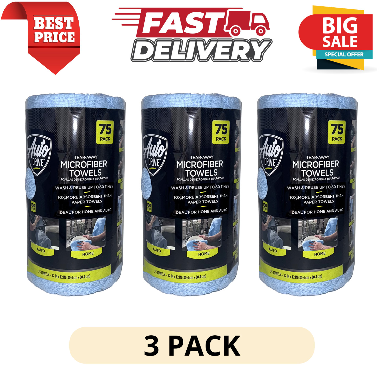 (3 Pack) Auto Drive Microfiber Towel Roll 75 Count Car Wash Lint Free Cleaning
