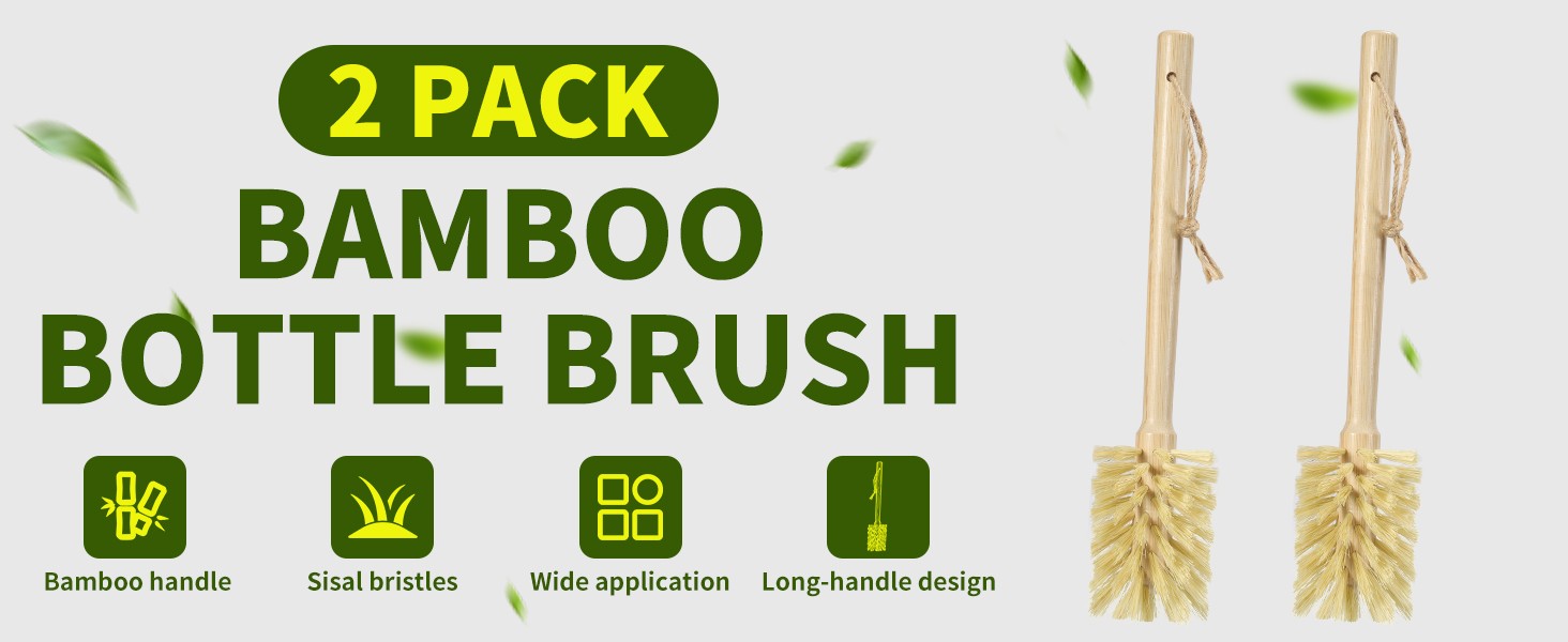 Natural Bamboo Cup Cleaning Brush Set of 2 – 11.5 Inch Sisal Bristle Bottle