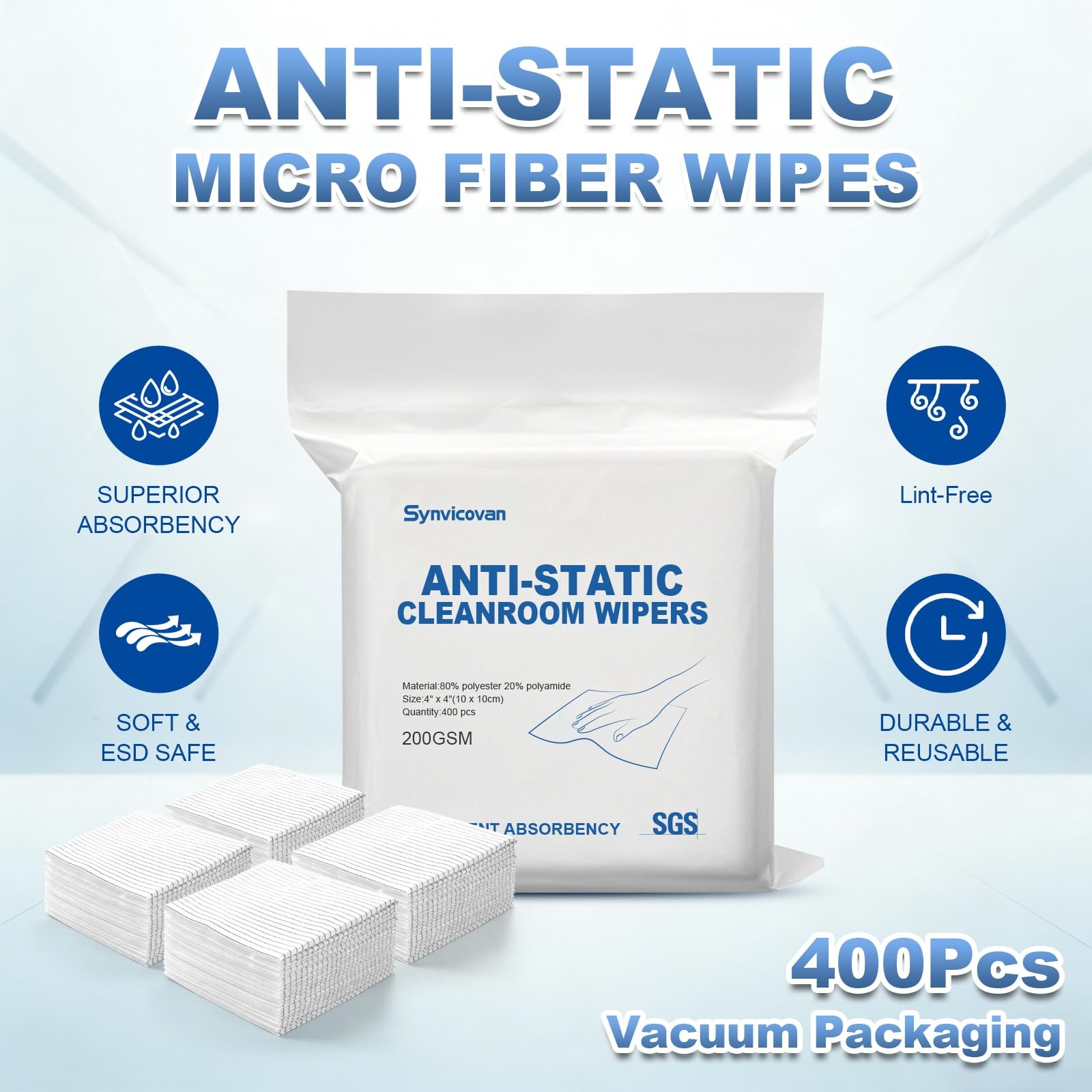 Anti-Static Microfiber Wipes 4″x4″(400 Pcs,Class 100, 200GSM) Lint Free Cloth…