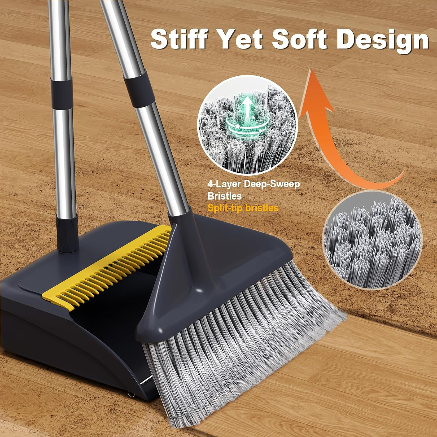 Broom and Dustpan Set with 52″ Long Handle | Stand Up Dustpan with No Warping Me