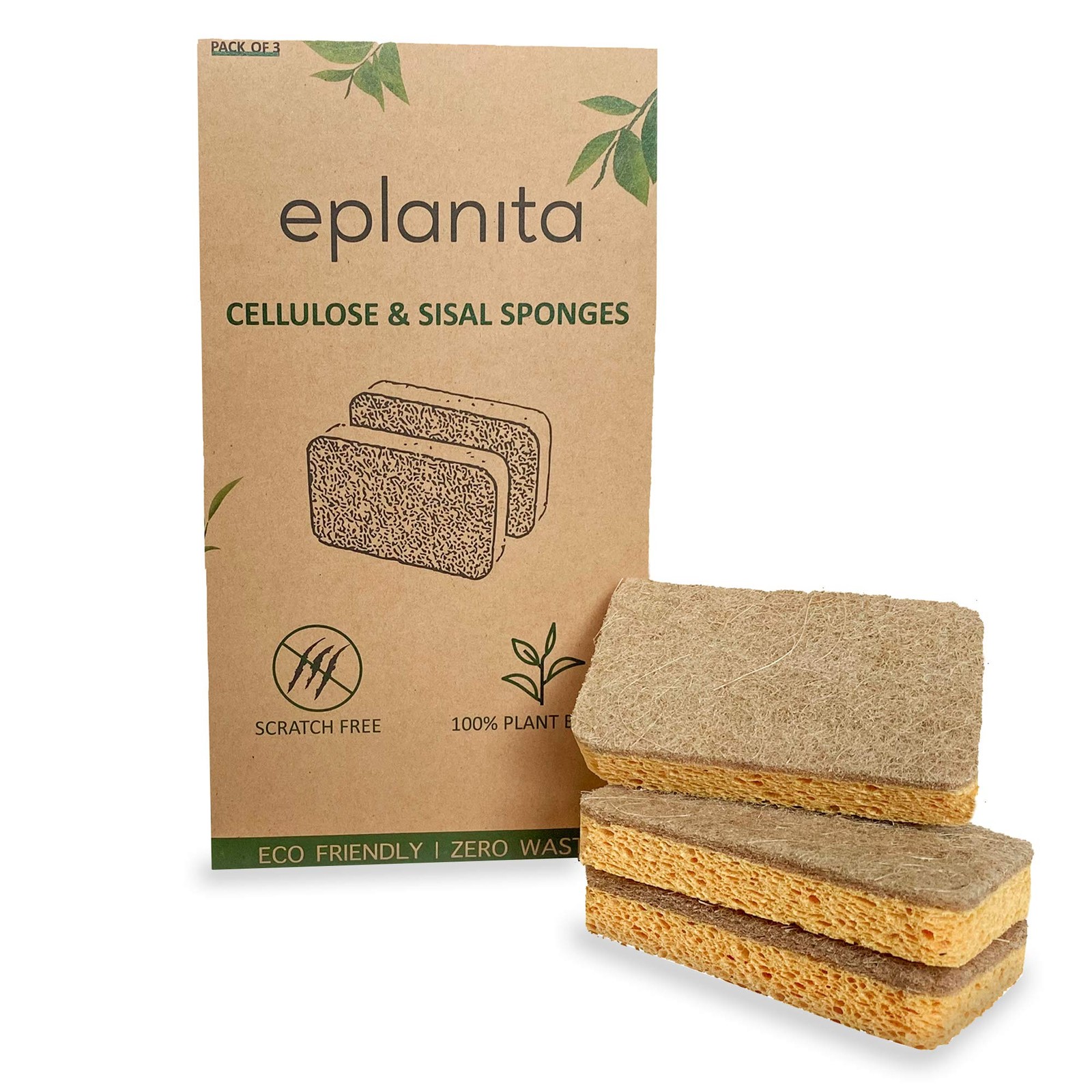 eplanita Natural Plant Based Scrub Sponges 3 Pack, NonScratch, Biodegradable …