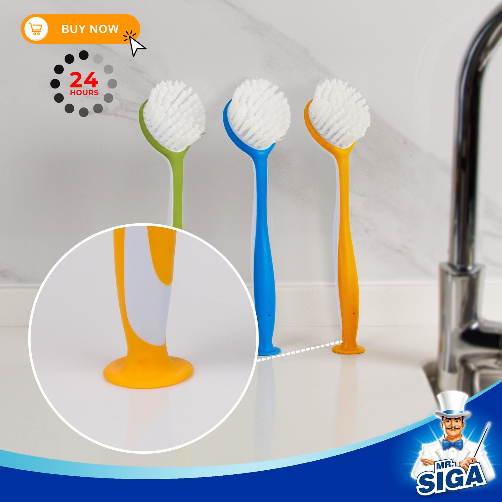 MR.SIGA Round Dish Brush, Size: Dia 6.5 X 5.5 X 25 cm, Green, Blue, Orange