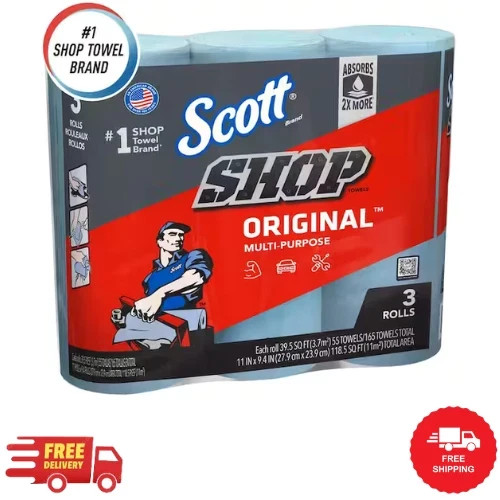 Blue Shop Towel Cleaning Wipes 3-Pack , Bundle of 9 Rolls
