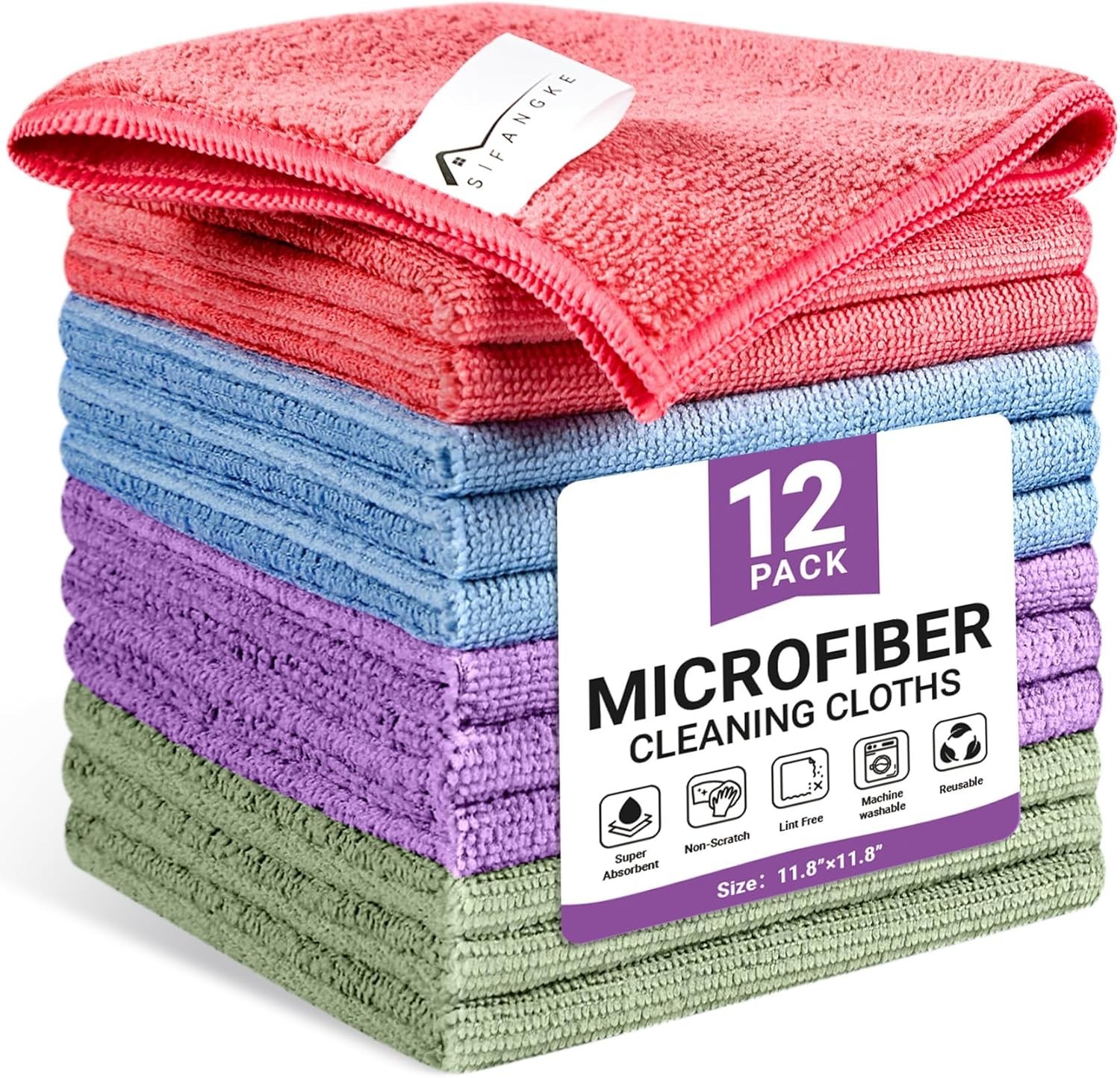 SIFANGKE Microfiber Cleaning Cloth, 12 Pack Assorted Color Cleaning Rags for Hou