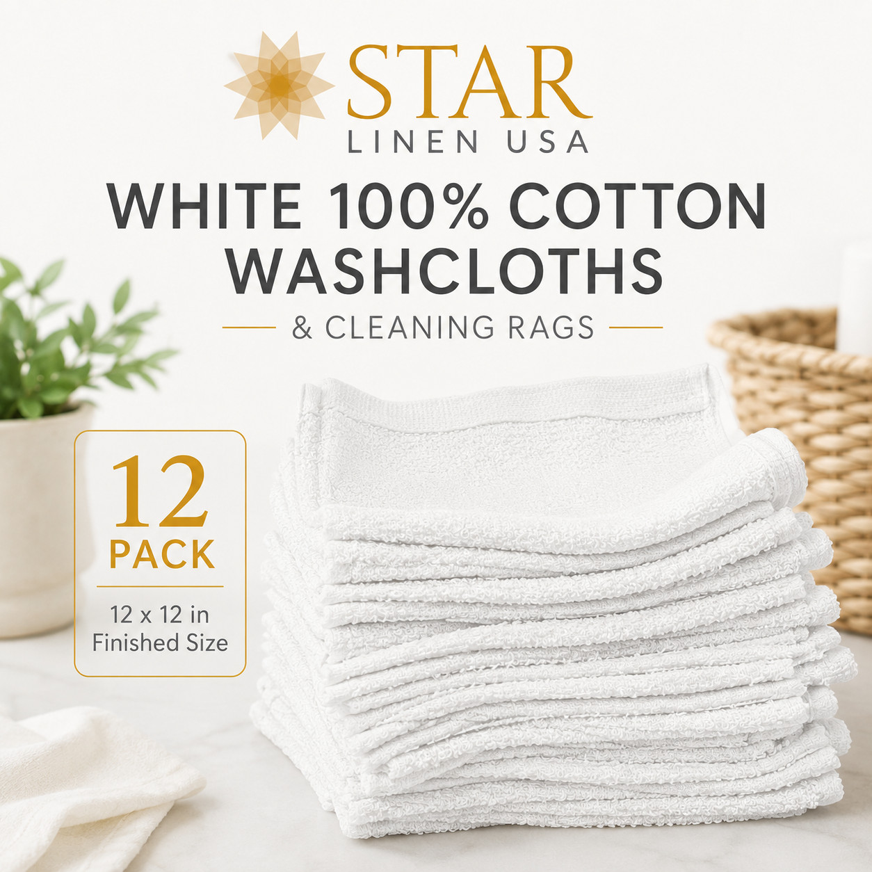 1 Dozen – 12×12 White Value Washcloths Rags Bath/Craft/Kitchen/Garage/Face/Paint