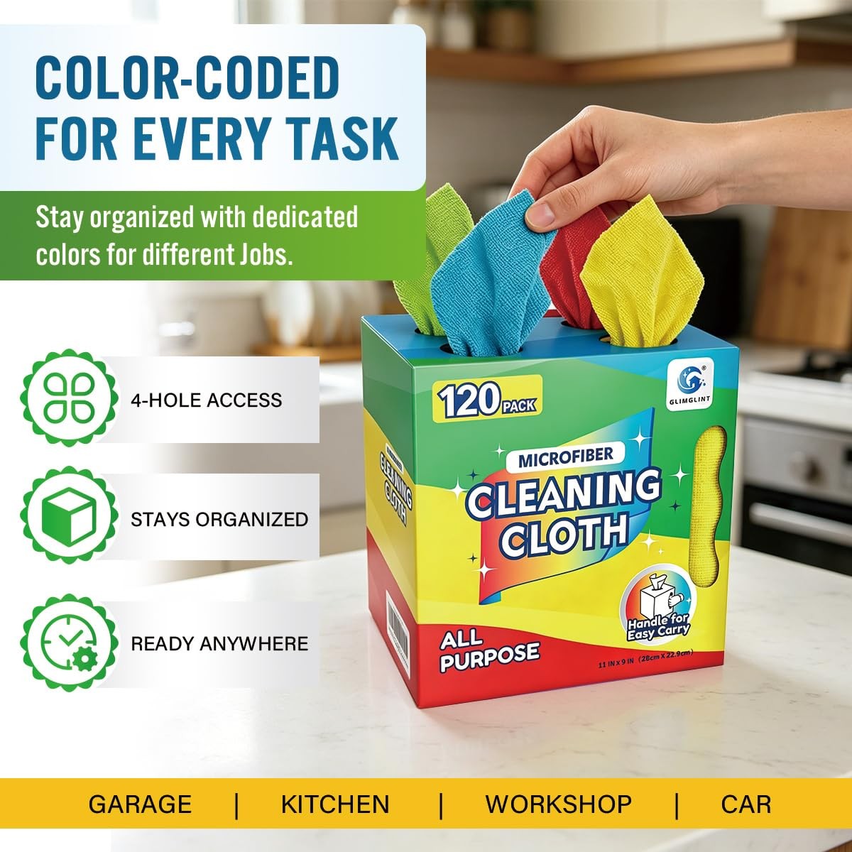 Microfiber Cleaning Cloth 120 Pack, Reusable Towels with Dispenser – Multi-Co…