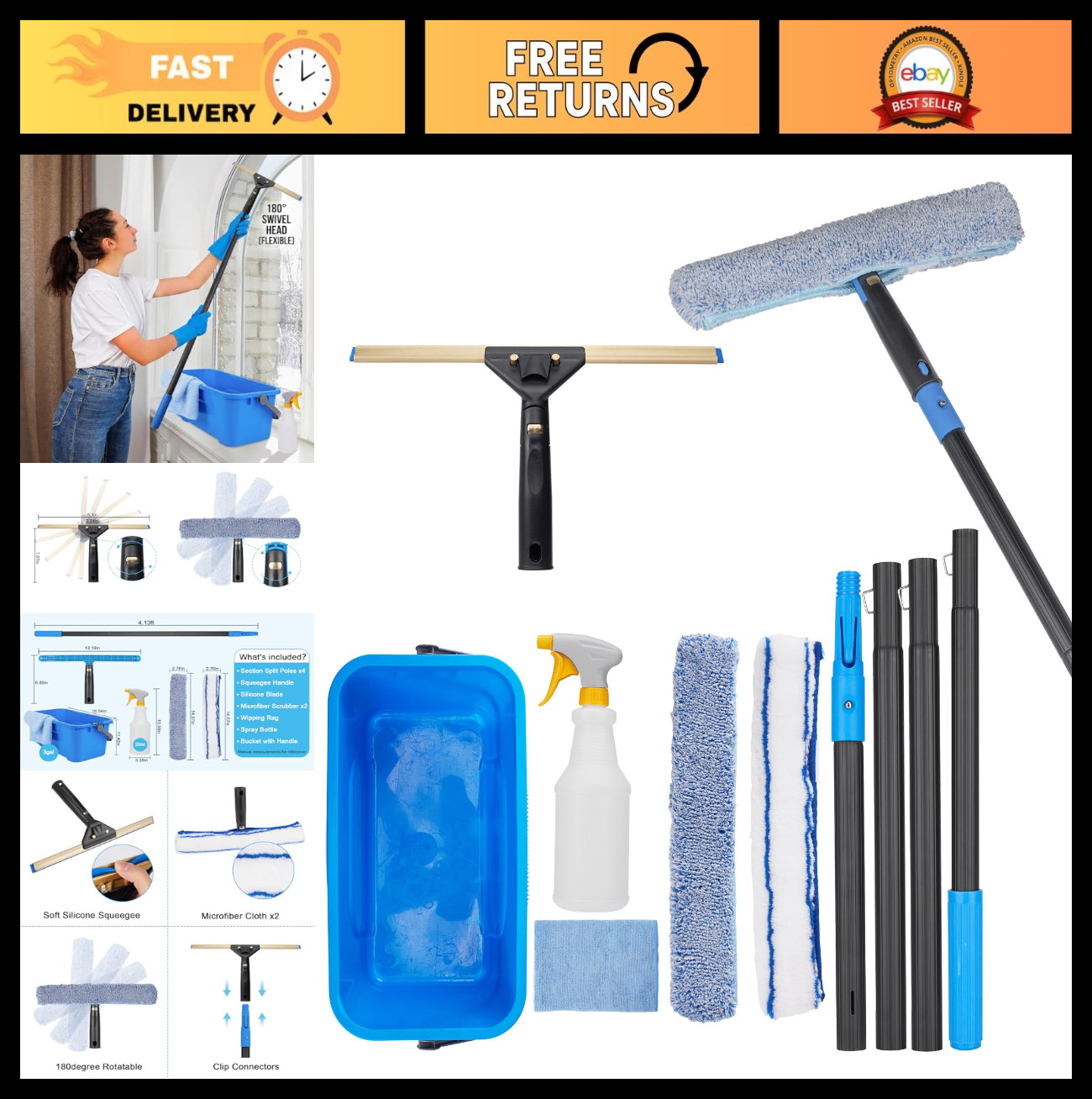 Window Cleaning Kit – 50″ Extension Pole, 8-in-1 Squeegee, Flexible Head, Bucket