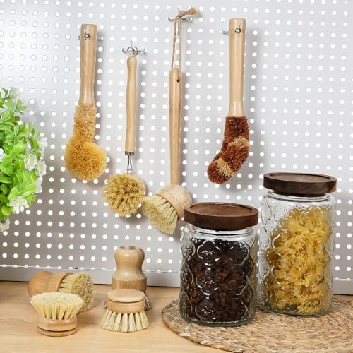 9 Pcs Bamboo Dish Brush Set Wooden with Sisal and Palm Fiber