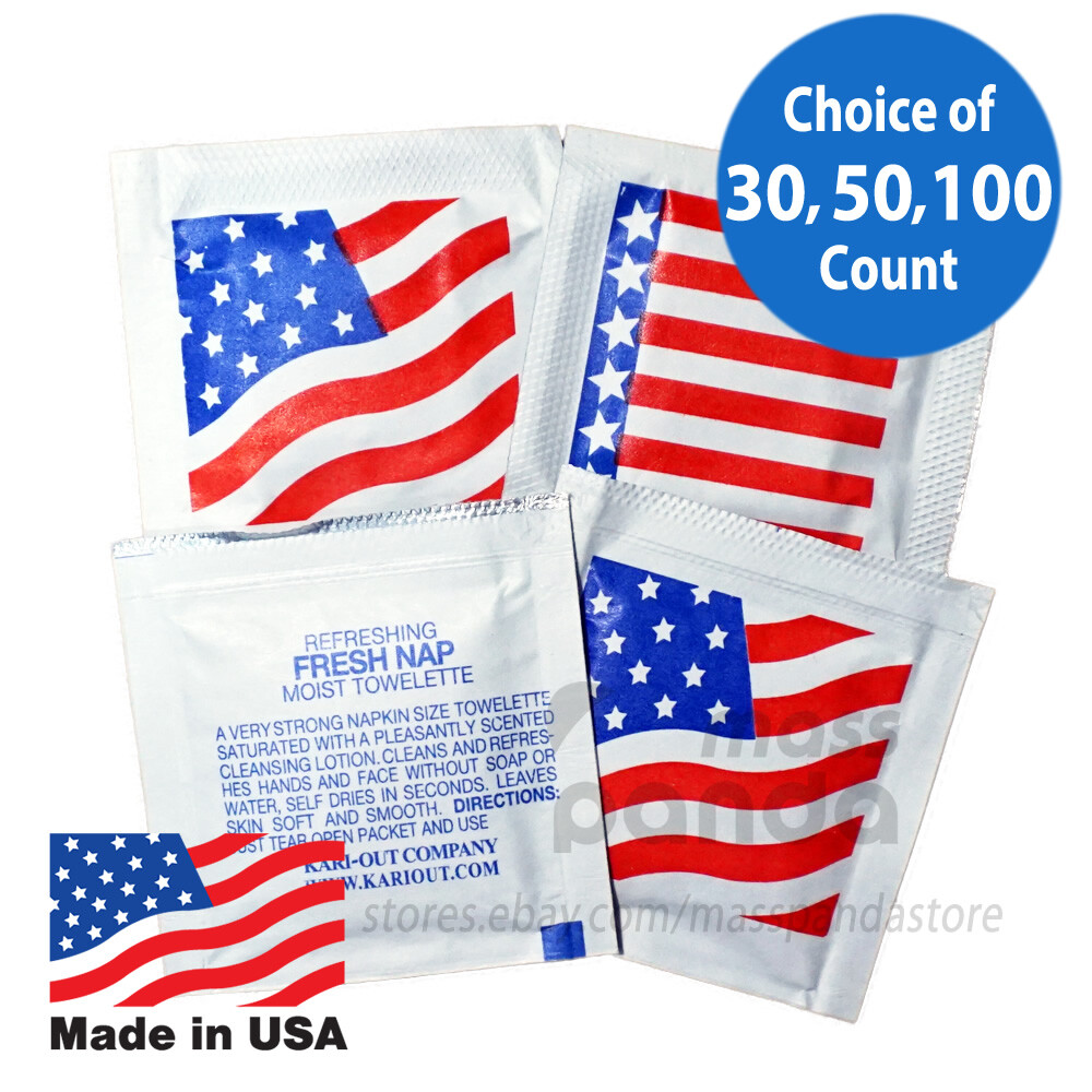 Kari-Out American Flag Moist Towelettes/Wipes Individually Wrapped Lemon-scented