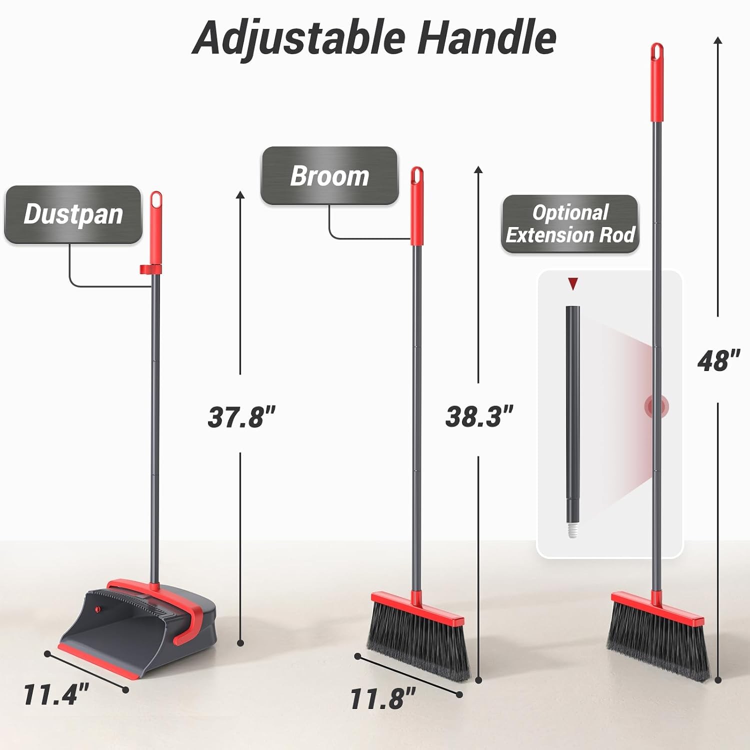 Long Handle Self Cleaning Upright Standing Broom with Dustpan Combo Set Red Gray