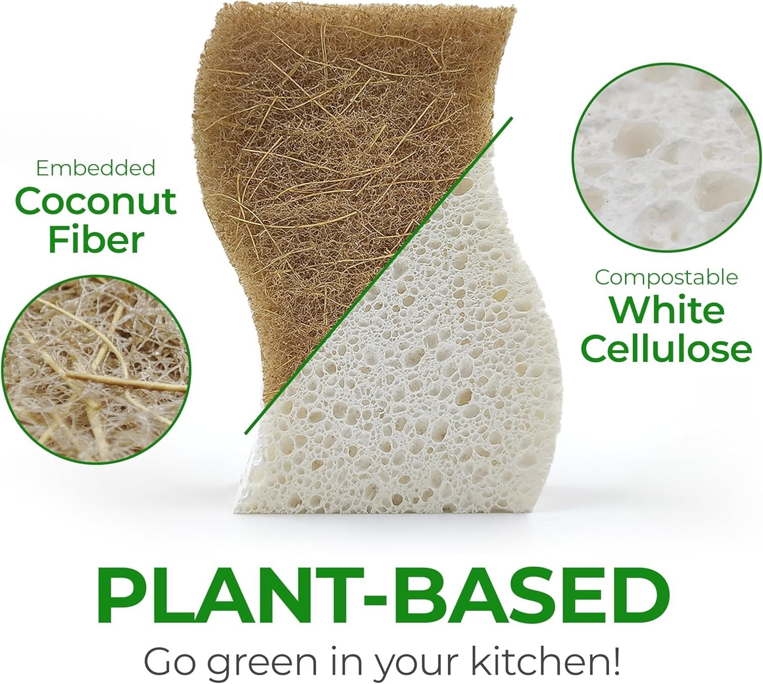 Natural Kitchen Sponges (12 Pack) – Biodegradable Cellulose & Coconut Scrubber D
