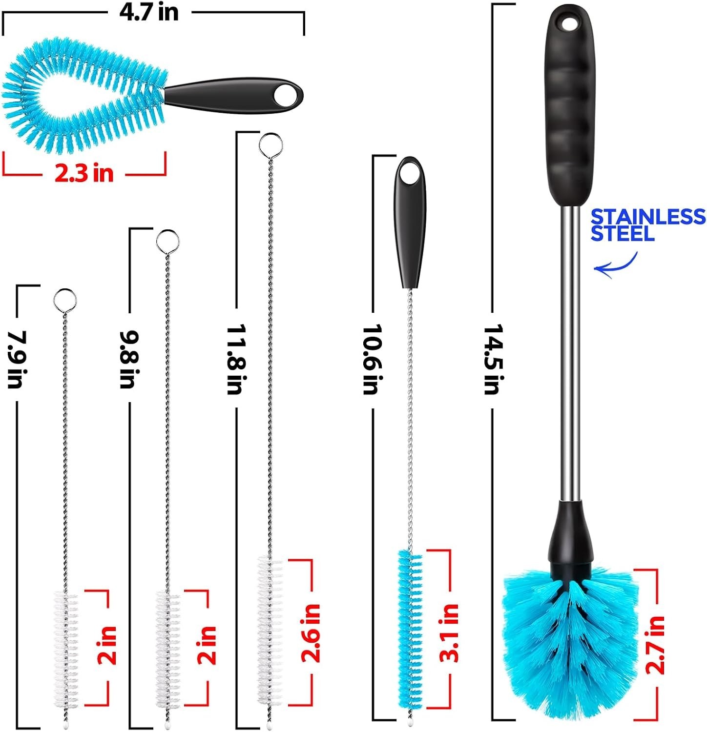 Bottle Brush Set, 6 Pack, 14.5″ Long Handle, Blue, Straw Brushes, Spout Brush