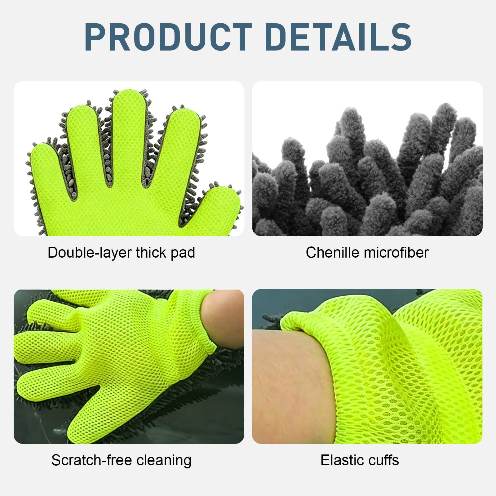 2 PCS 5-Finger Microfiber Wash Mitts Chenille Car Scratch Free Detailing Gloves