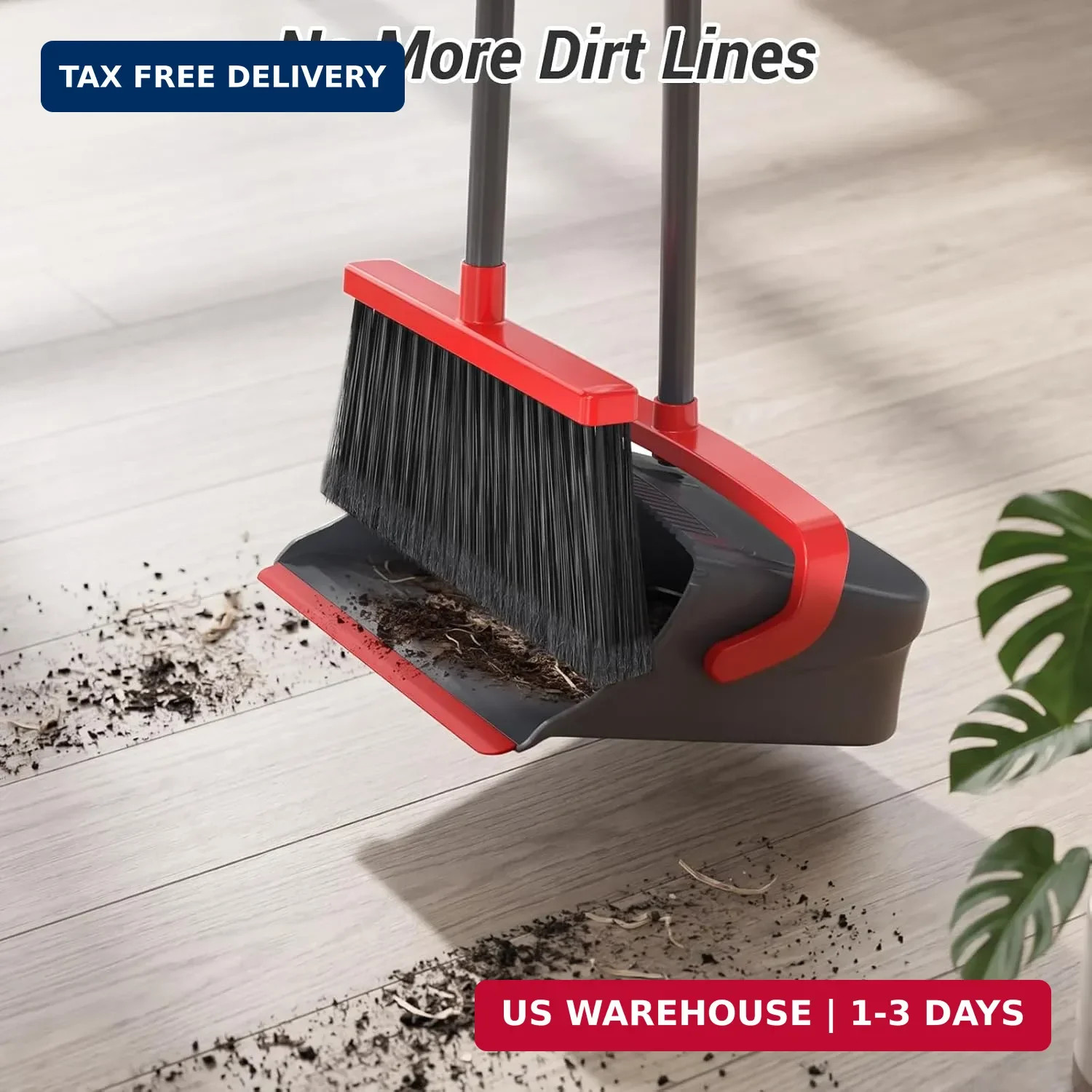 Broom with Dustpan Combo Set, Long Handle Upright Standing Self-Cleaning Broom a