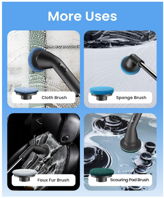 Electric Spin Scrubber, Cordless Bathroom Brush, 7 Heads, Long Handle, 2 Speeds